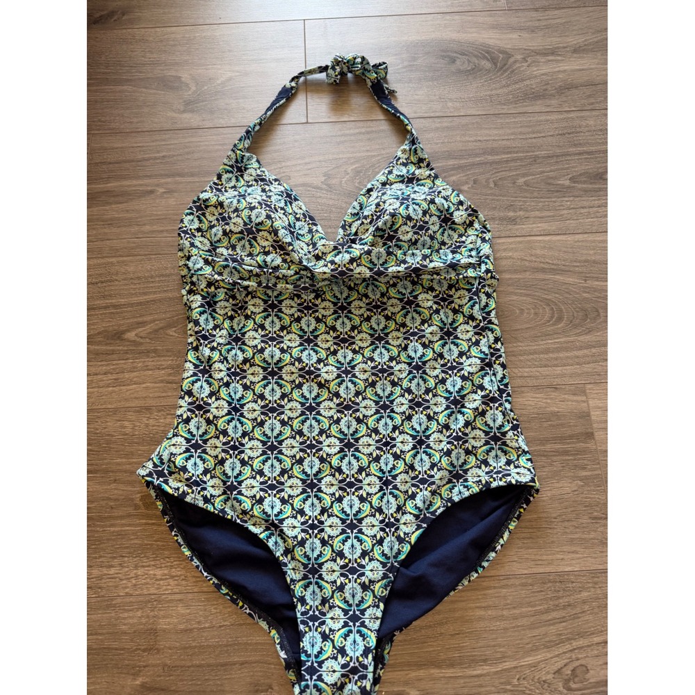 Merona One Piece Swimsuit Large Blue Green Damask Paisley Halter Boho Beach